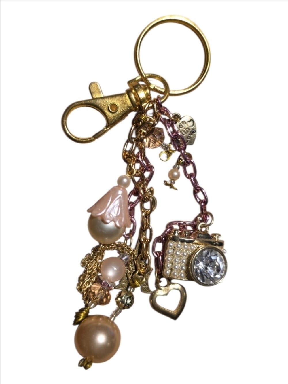 Gold & Pink Pearl Camera Charm Keychain/Purse Charm One Of A Kind Handcrafted - Picture 4 of 11